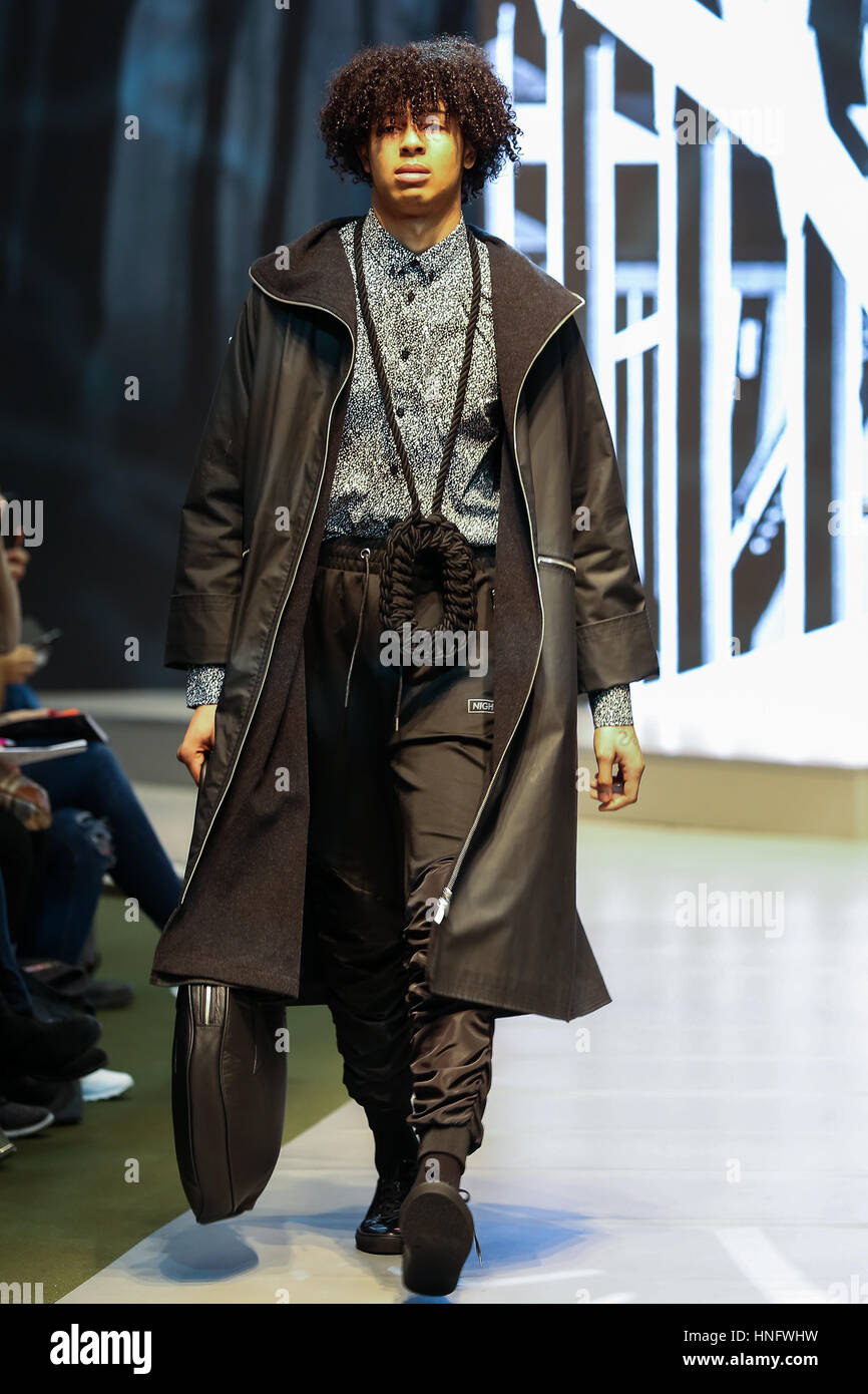 Olympia London, UK 12 Feb 2017 Model on catwalk on the opening day of the Pure London 2017 Autumn/Winter collection preview showcasing the latest designs from a mix of stylish labels aimed at a trend-led audience. Stock Photo