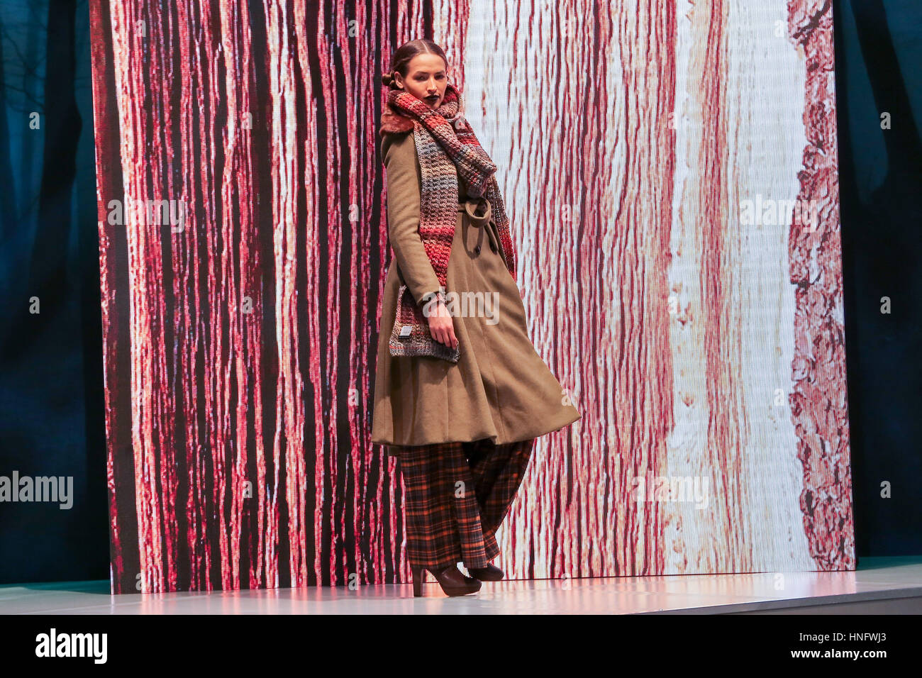 Olympia London, UK 12 Feb 2017 Model on catwalk on the opening day of the Pure London 2017 Autumn/Winter collection preview showcasing the latest designs from a mix of stylish labels aimed at a trend-led audience. Stock Photo