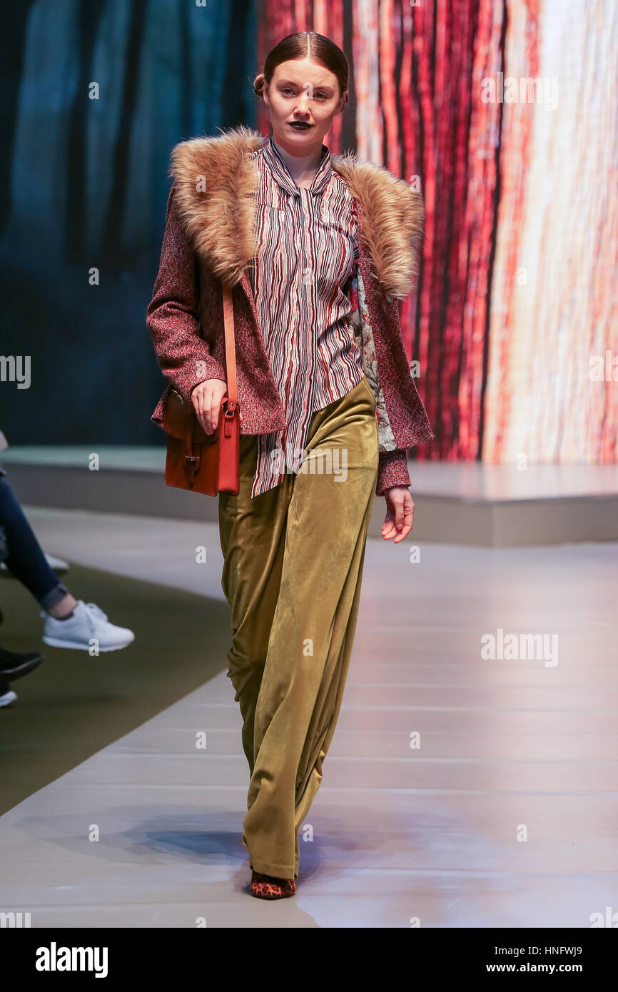 Olympia London, UK 12 Feb 2017  Model on catwalk on the opening day of the Pure London 2017 Autumn/Winter collection preview showcasing the latest designs from a mix of stylish labels aimed at a trend-led audience. Stock Photo