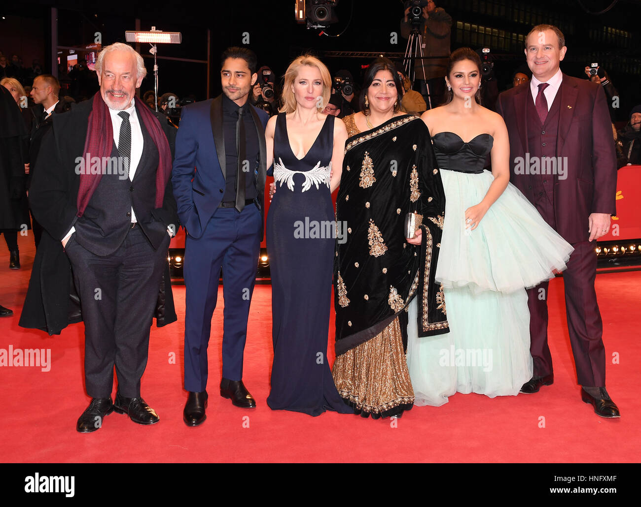 Berlin, Germany. 12th Feb, 2017. Actors (l-r) Michael Gambon, Manish Dayal, Gillian Anderson, Gurinder Chadha (director), Huma Qureshi and Hugh Bonneville on the red carpet at for 'Viceroy·s House' at the 67th International Berlin Film Festival, Berlinale, in Berlin, Germany, 12 February 2017. The film, an Indian-British co-production, is running out of rival films in the Berlinale competition. Photo: Britta Pedersen/dpa/Alamy Live News Stock Photo