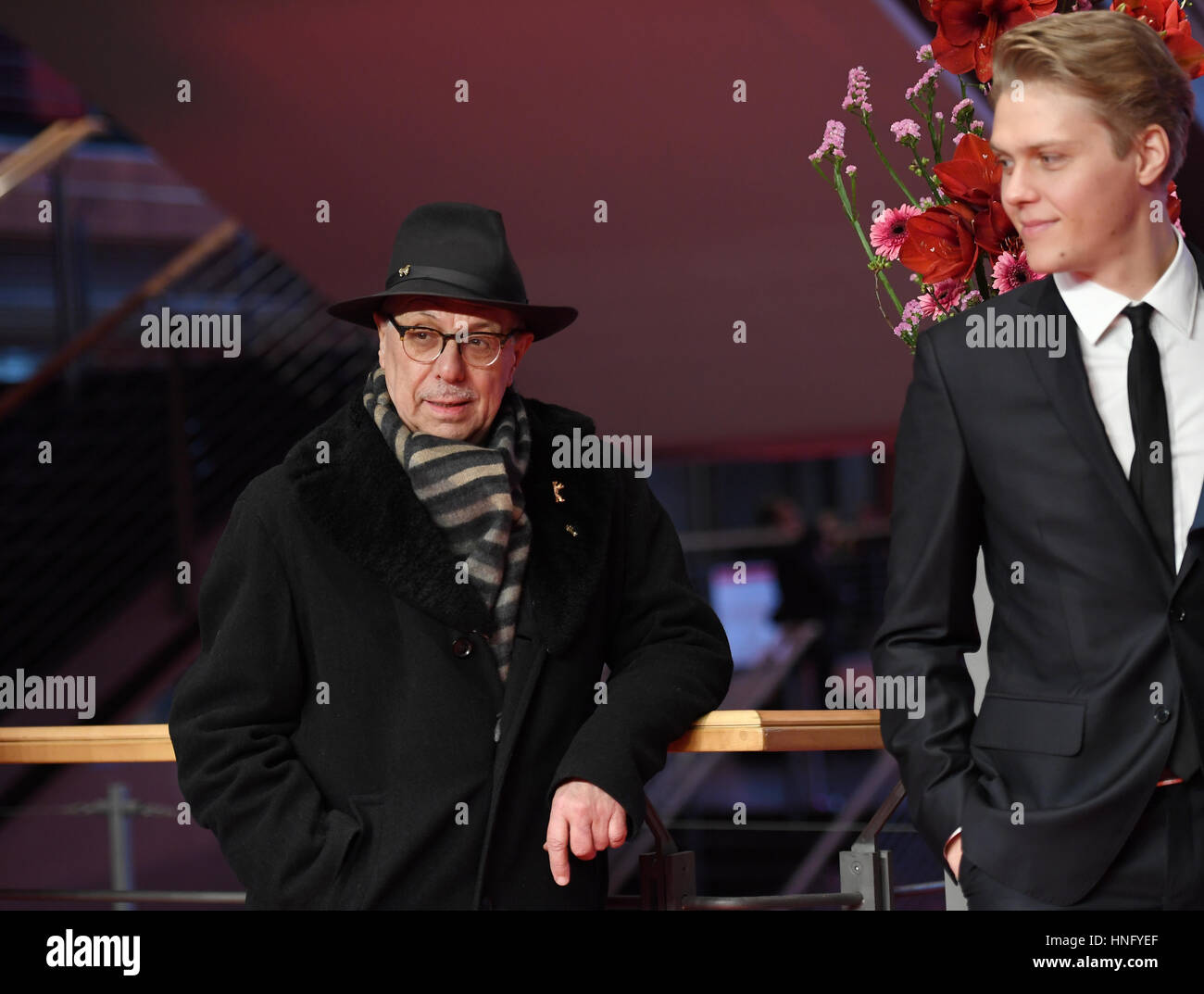 Berlin, Germany. 12th Feb, 2017. Actor Jakub Gierszal (r) and Berlinale Director Dieter Kosslick on the red carpet for the film 'Pokot (Spoor)' during the 67th International Berlin Film Festival, Berlinale, in Berlin, Germany, 12 February 2017. The film, a Polish- German- Czech- Swedish- Slovakian co-production, is part of the competition at the Berlinale festival. Photo: Jens Kalaene/dpa/Alamy Live News Stock Photo