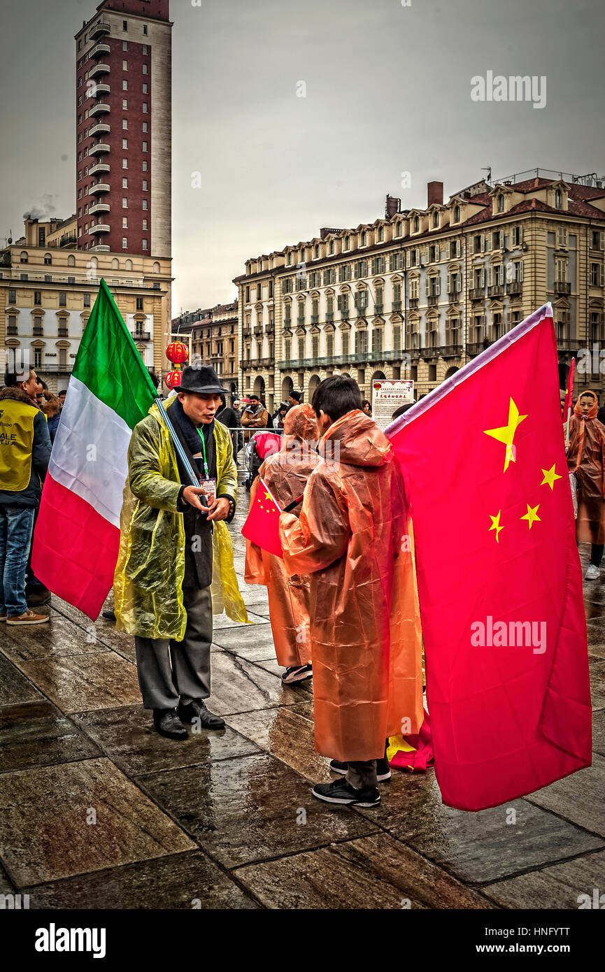 Turin, Italy. 12th February 2017. Celebrations for the Chinese New Year, also known as the Lunar New Year or Spring Festival and Dragon Dance - 2017 Year of the rooster Credit: Realy Easy Star/Alamy Live News Stock Photo