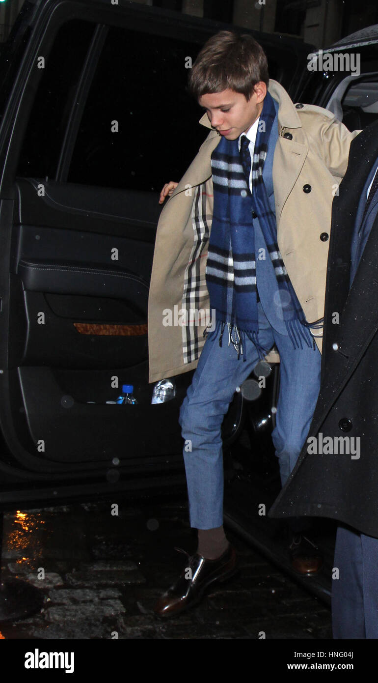 New York, NY, USA. 12th Feb, 2017. Romeo Beckham seen arriving at Balthazar Restaurant in New York City on February 12, 2017. Stock Photo