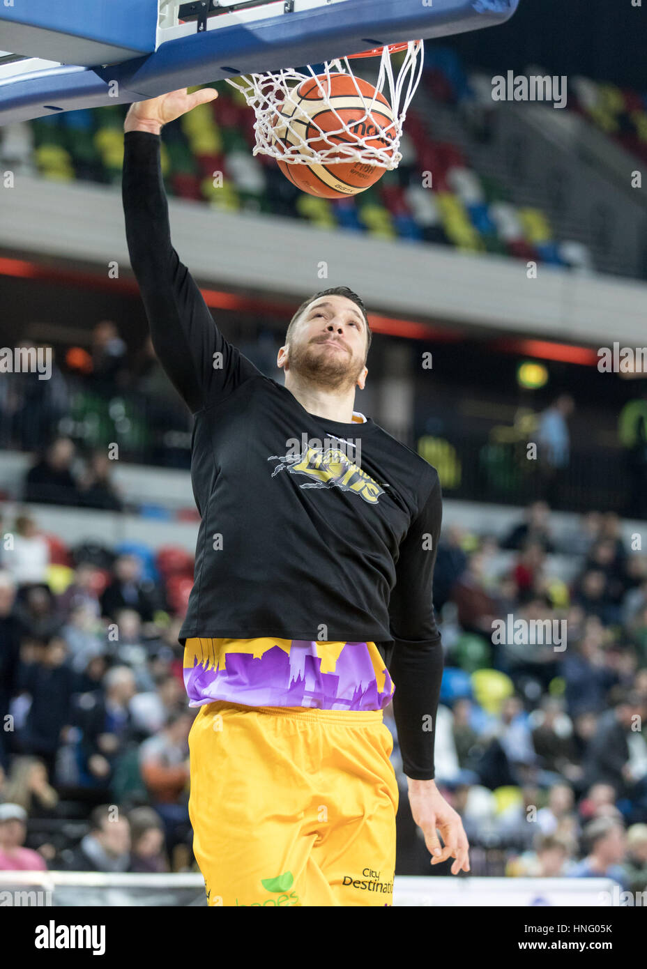 London, UK. 12th February, 2017. Leicester Riders defeat London Lions  84-80 in overtime at Copper box, Olympic Park, London. London Lions' Navid Niktash warms up. Credit Carol Moir/AlamyLiveNews. Stock Photo
