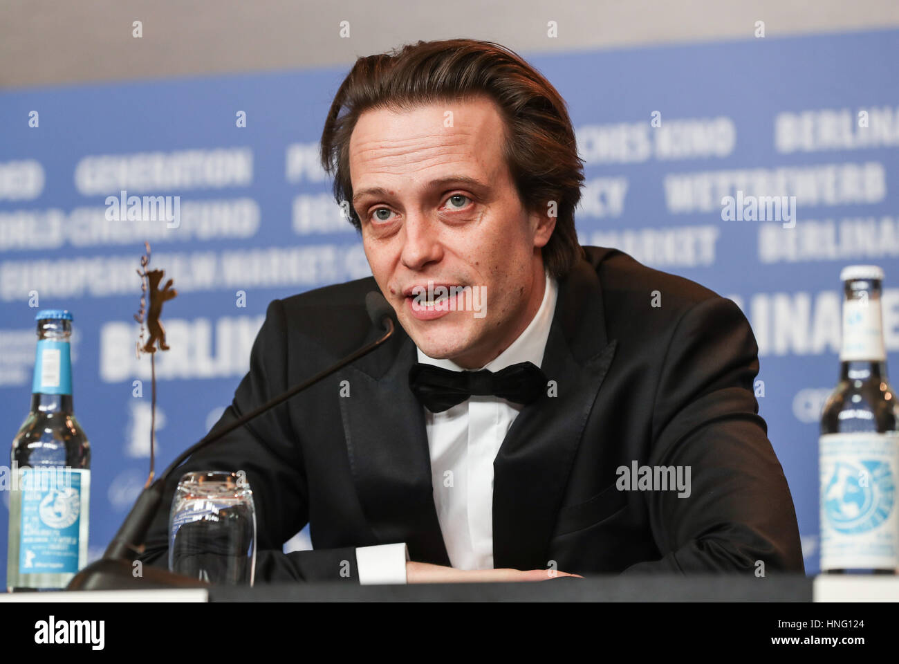 Berlin, Germany. 12th Feb, 2016. Actor August Diehl attends a press conference for the film Le jeune Karl Marx (The Young Karl Marx) during the 67th Berlinale International Film Festival in Berlin, capital of Germany, on Feb. 12, 2016. The 67th Berlin International Film Festival runs from Feb. 9 to 19, during which a total of 399 films from 72 countries and regions will be screened and a series of cultural events will be held. Credit: Shan Yuqi/Xinhua/Alamy Live News Stock Photo