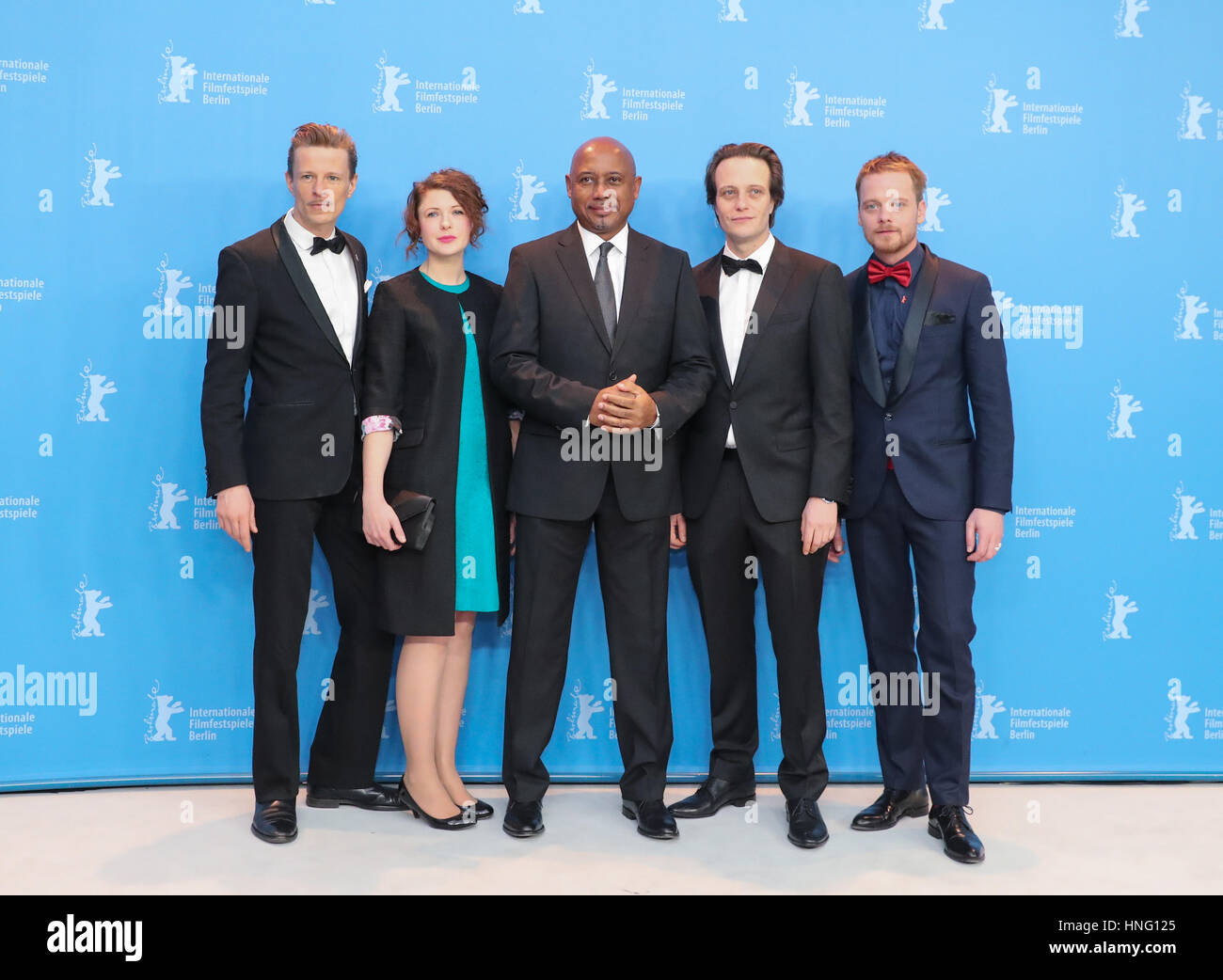 Berlin, Germany. 12th Feb, 2016. Cast members pose during a photocall of the film Le jeune Karl Marx (The Young Karl Marx) during the 67th Berlinale International Film Festival in Berlin, capital of Germany, on Feb. 12, 2016. The 67th Berlin International Film Festival runs from Feb. 9 to 19, during which a total of 399 films from 72 countries and regions will be screened and a series of cultural events will be held. Credit: Shan Yuqi/Xinhua/Alamy Live News Stock Photo