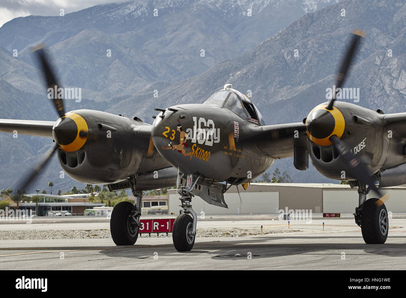 Palm Springs, CA, USA. 11th Feb, 2017. One of the very few still flying World War II P-38 Lightning fighters arriving at the Palm Springs Air Museum Credit: Ian L. Sitren/ZUMA Wire/Alamy Live News Stock Photo