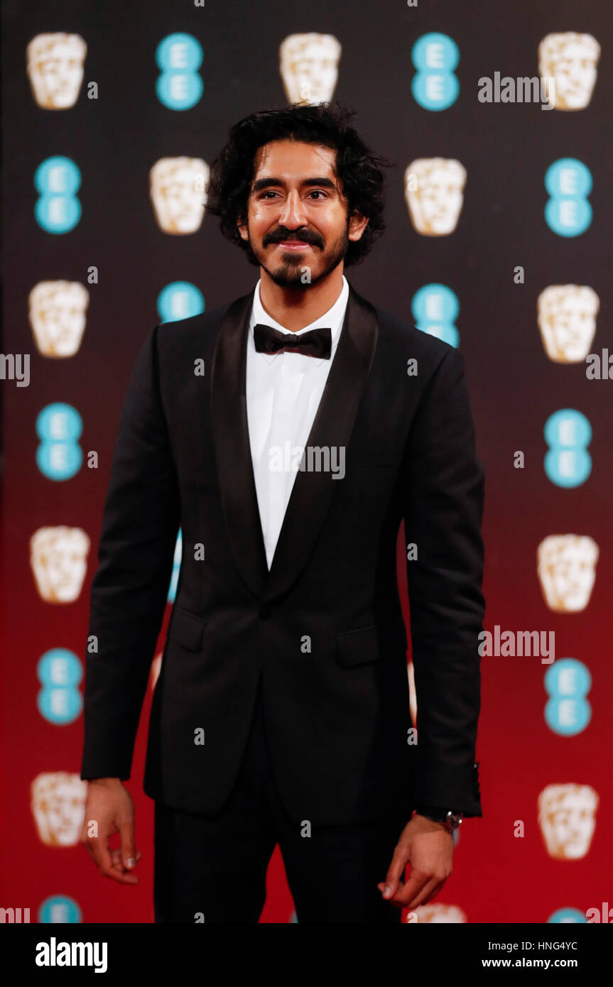 London, UK. 12th Feb, 2017. Winner of Best Supporting Actor Dev Patel arrives at the British Academy Film Awards (BAFTA) at Royal Albert Hall in London, Britain, on Feb. 12, 2017. Credit: Han Yan/Xinhua/Alamy Live News Stock Photo