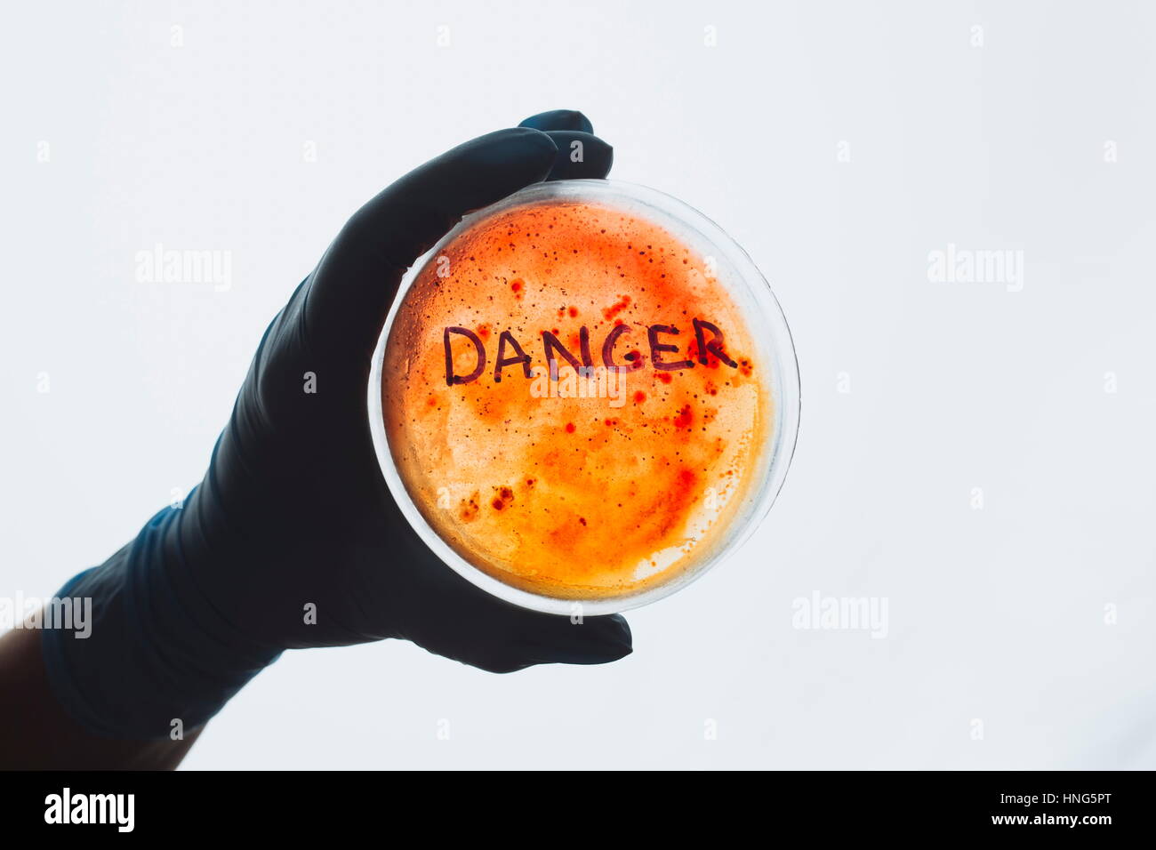 Word danger on Petri dish with bacterial infection test sample. Medical