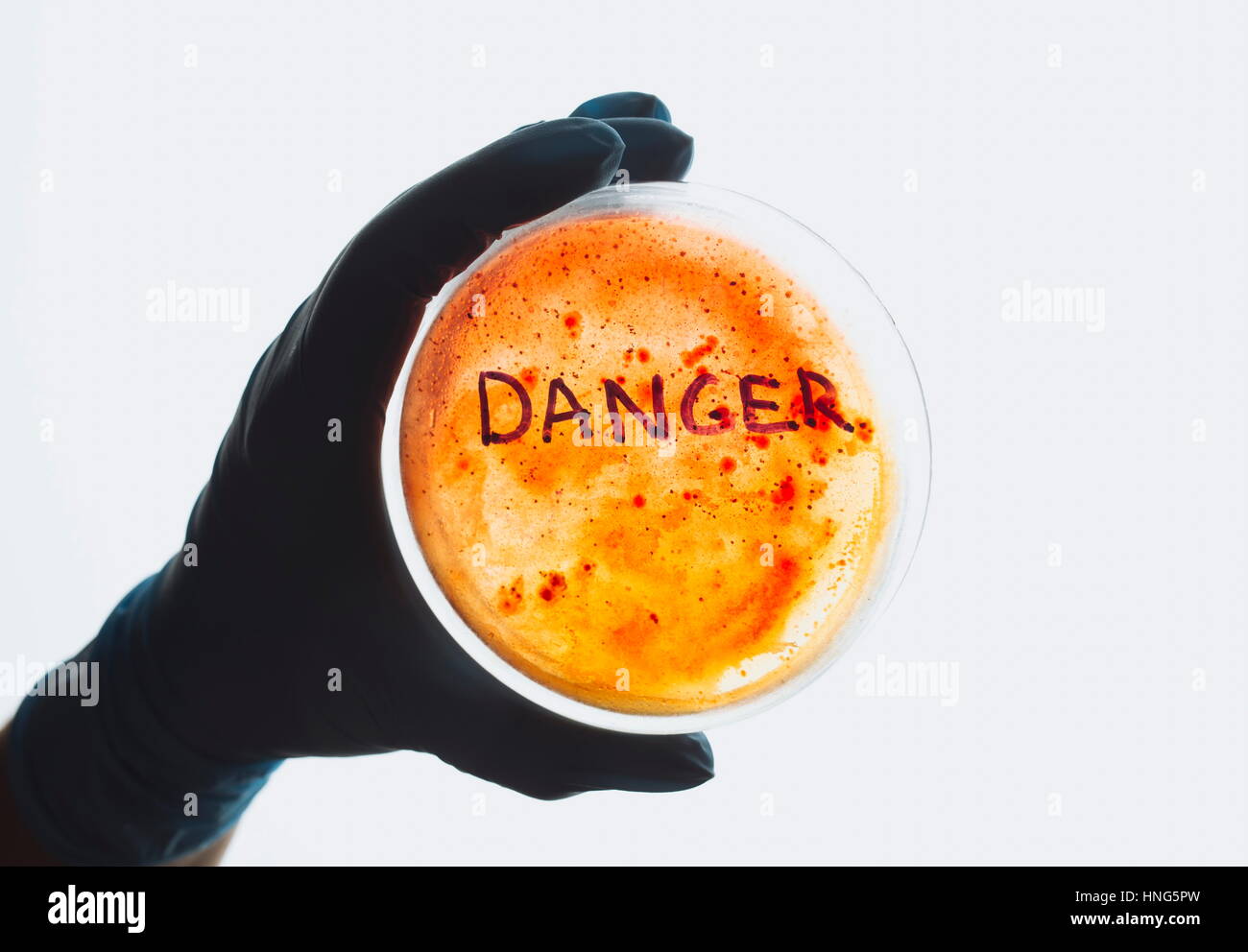 Word danger on Petri dish with bacterial infection test sample. Medical