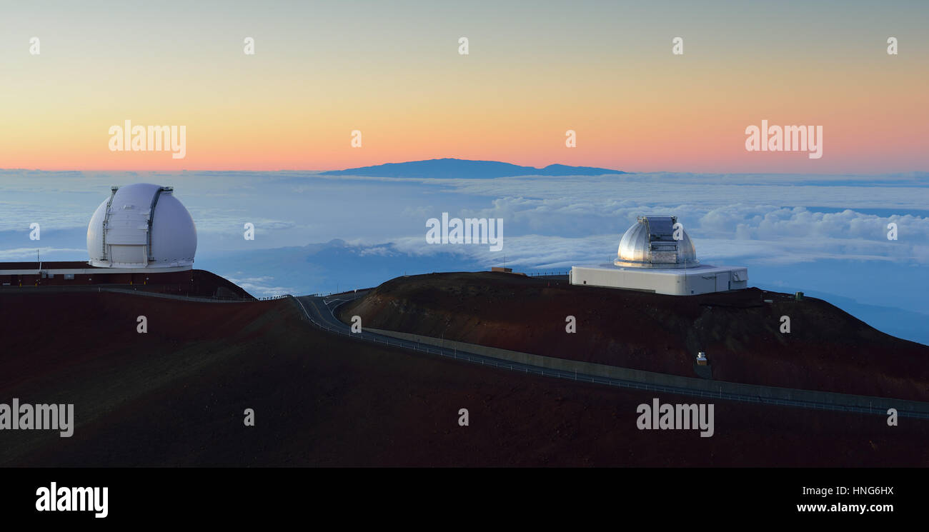 Mauna Kea telescopes on the Big Island of Hawaii after sunset Stock