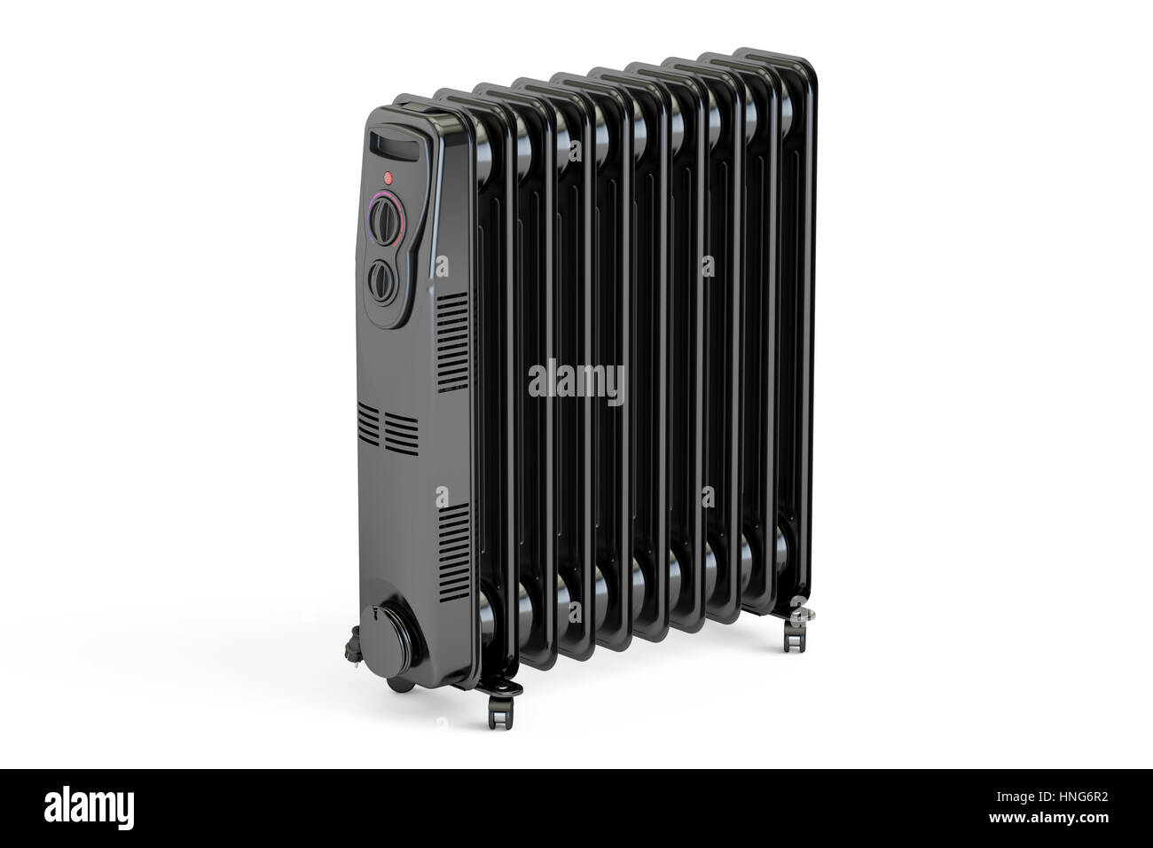 Black electric oil heater, oilfilled radiator. 3D rendering isolated