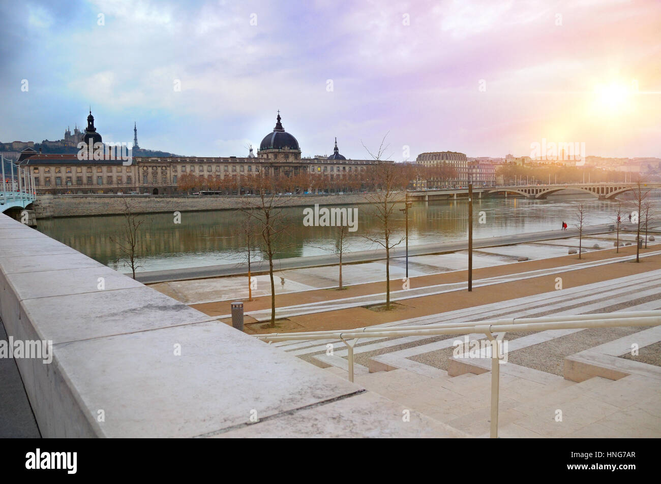 View of the rhone river in winter with bridge wilson in the background in Lyon France. Horizontal composition Stock Photo