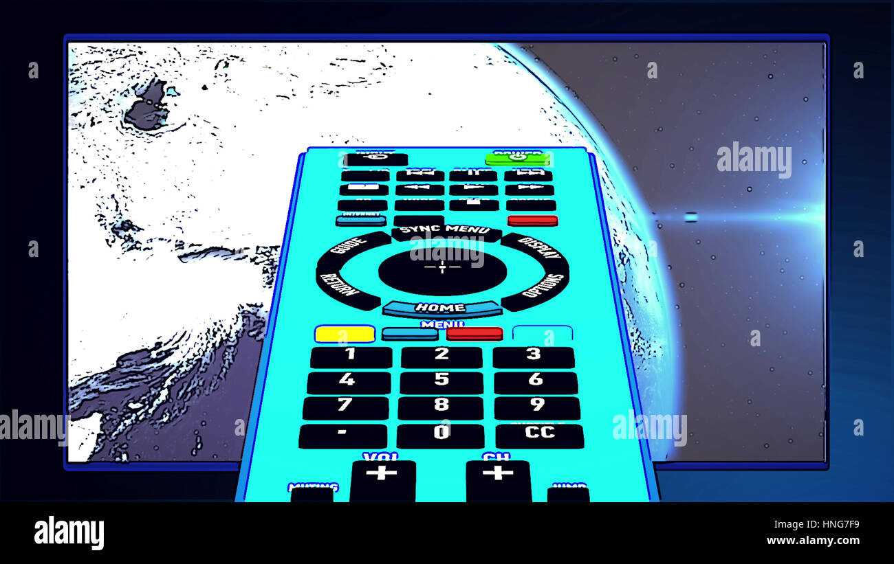 Remote controller in cartoon-style and tv set in background. 3d ...