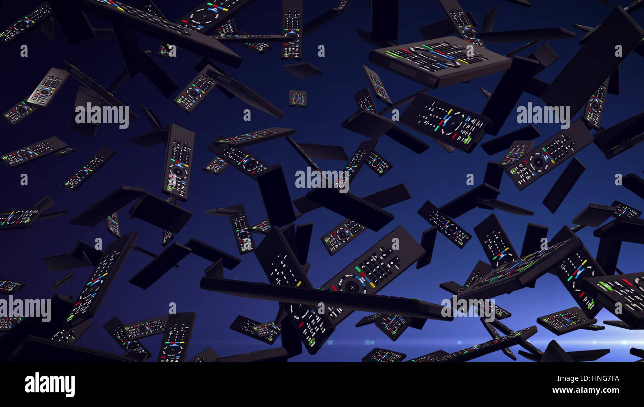 3d rendering. Remote controllers falling down on a dark blue background. Stock Photo