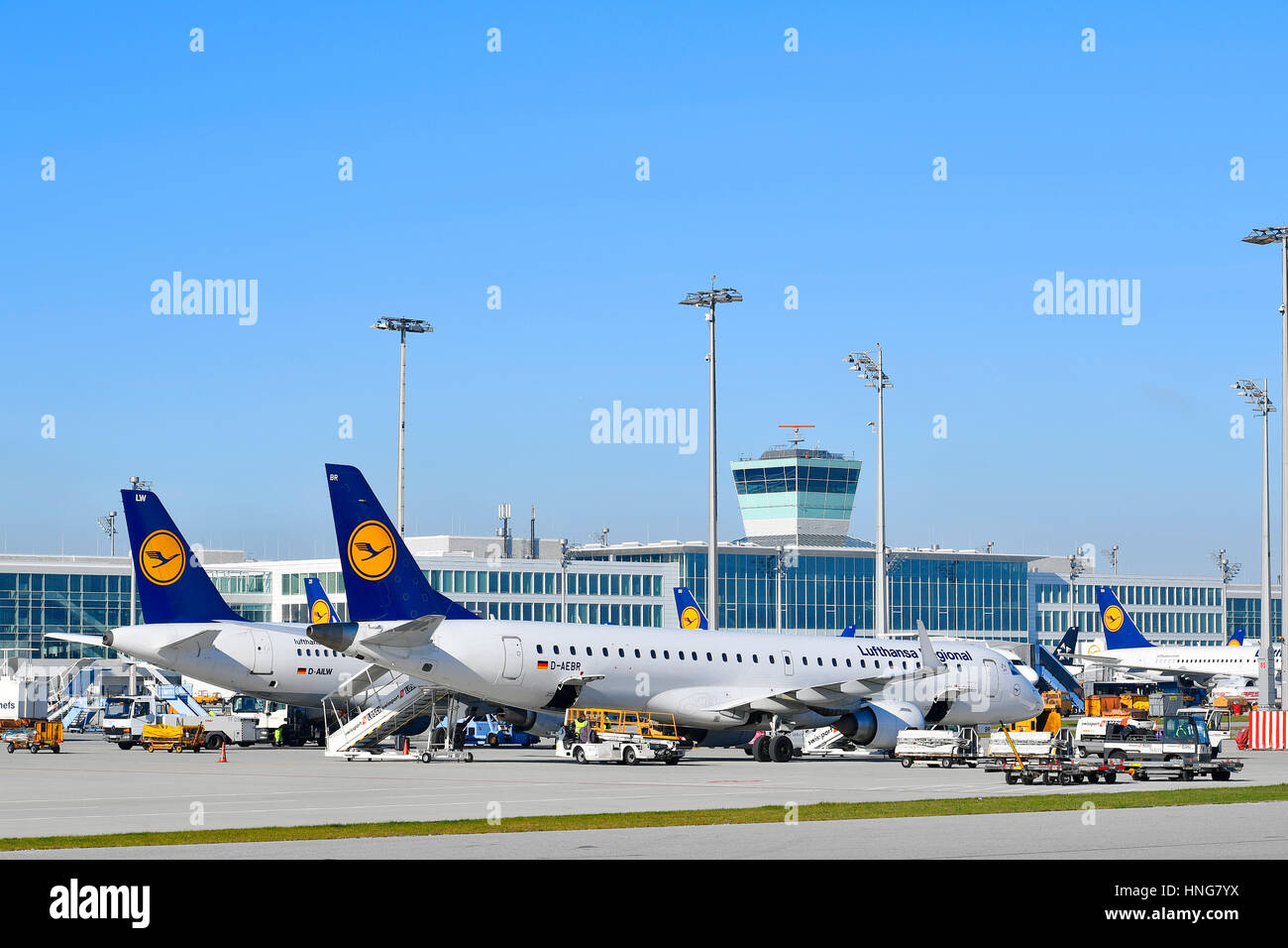Lufthansa, Aircraft, Plane, Terminal 2, Satellite, Tower, view, panorama, blue sky, traffic, roll, MUC, EDDM, Airport Munich, Erding, Freising, Munich Stock Photo