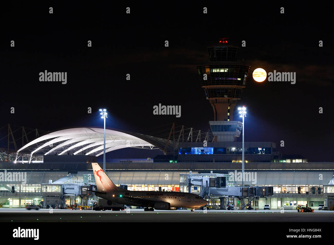 Tower with full moon, Terminal 1, night, dark, sky, cloud, light, Weather service, Air traffic control, MUC, Airport Munich, Erding, Freising, Munich, Stock Photo