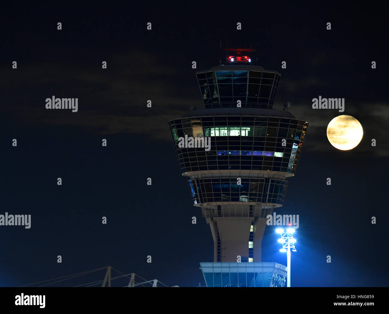 Tower with full moon, Terminal 1, night, dark, sky, cloud, light, Weather service, Air traffic control, MUC, Airport Munich, Erding, Freising, Munich, Stock Photo