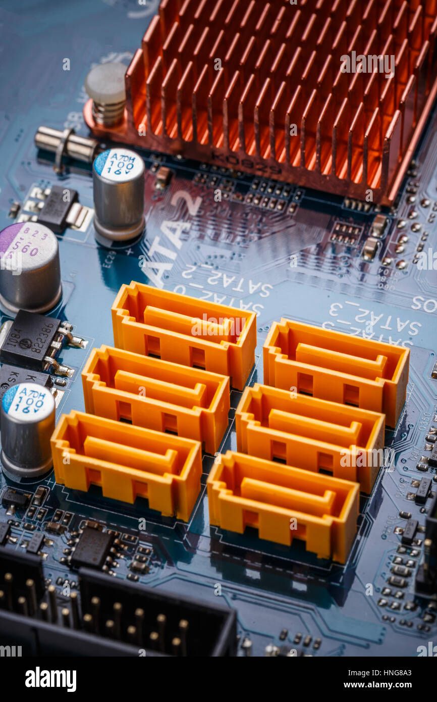 Electronic circuit board with sata connector, close up Stock Photo