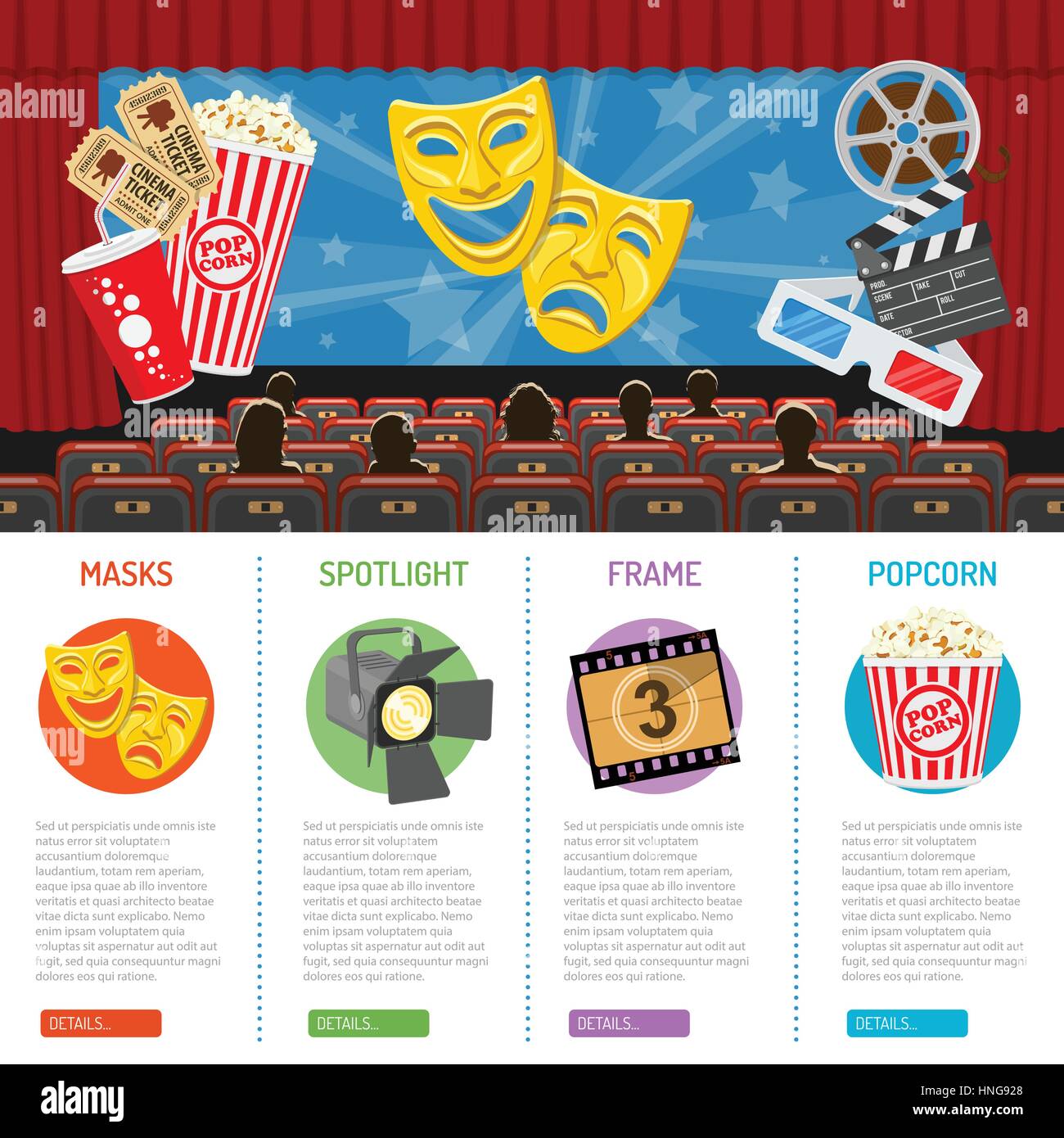 cinema auditorium infographics with flat icons seats, audience and ...