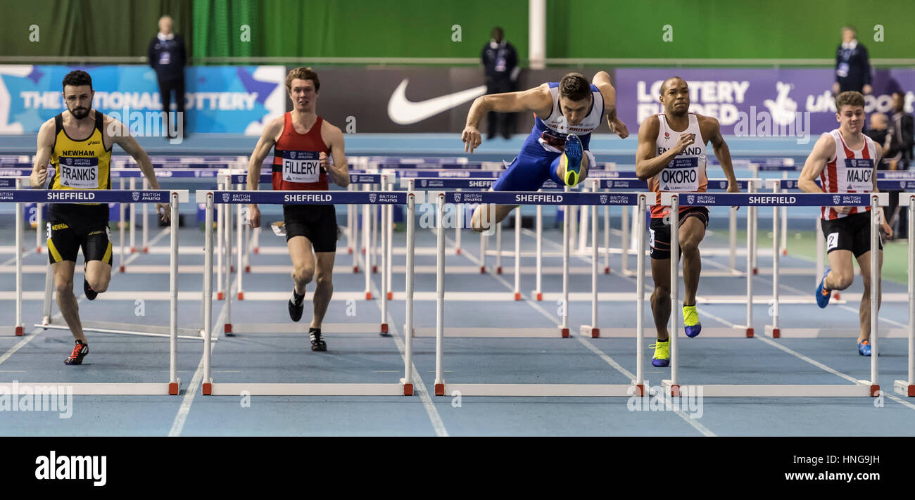 11.02.2017. EIS, Sheffield, England. The British Athletics Indoor team trials 2017. Andrew Pozzi (Stratford-upon-Avon) winning heat 3 of the Mens 60 M Stock Photo