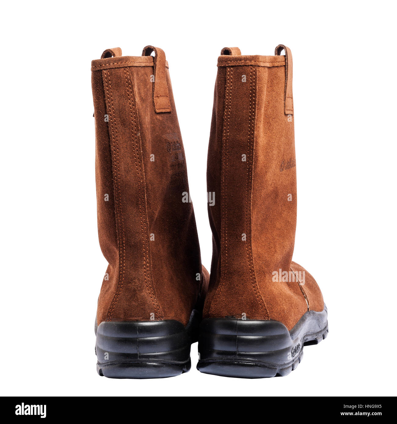 A pair of steel toe capped Jallette work rigger boots on a white background Stock Photo