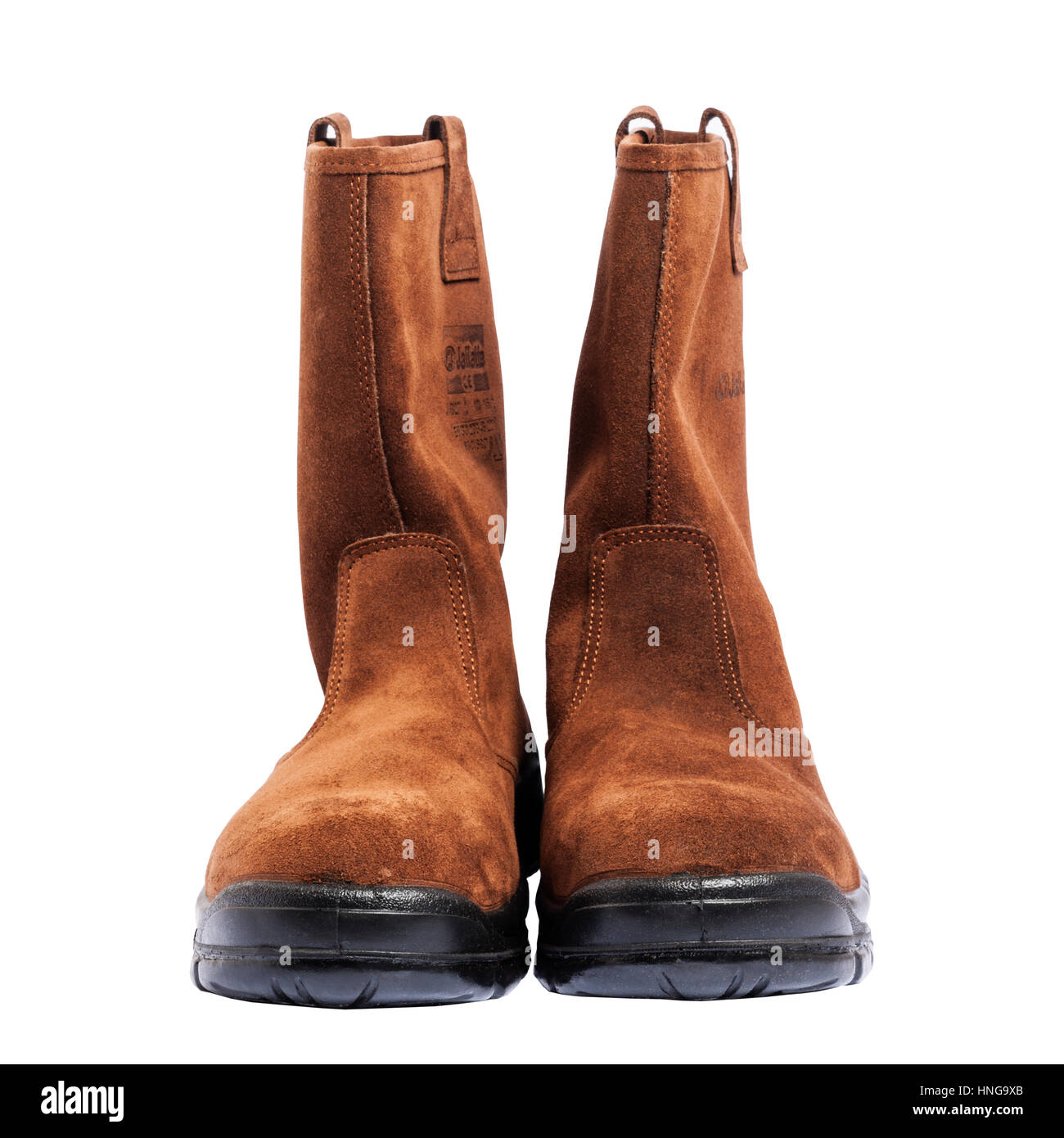 A pair of steel toe capped Jallette work rigger boots on a white background Stock Photo