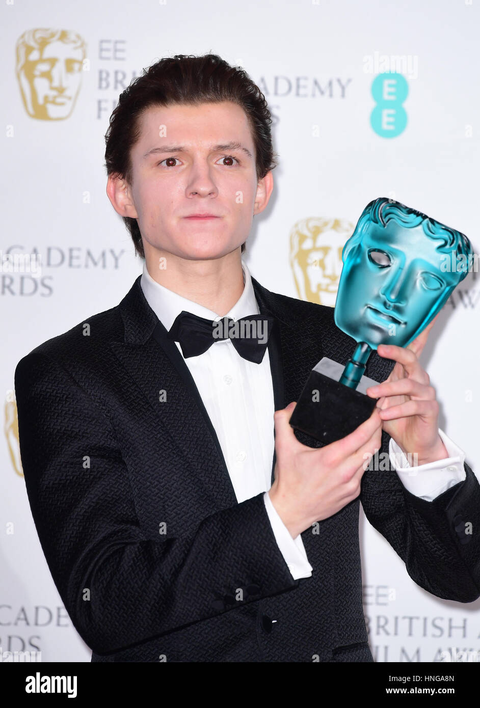 EE Rising Star winner actor Tom Holland in the press room during the EE  British Academy Film Awards held at the Royal Albert Hall, Kensington Gore,  Kensington, London. PRESS ASSOCIATION Photo. Picture