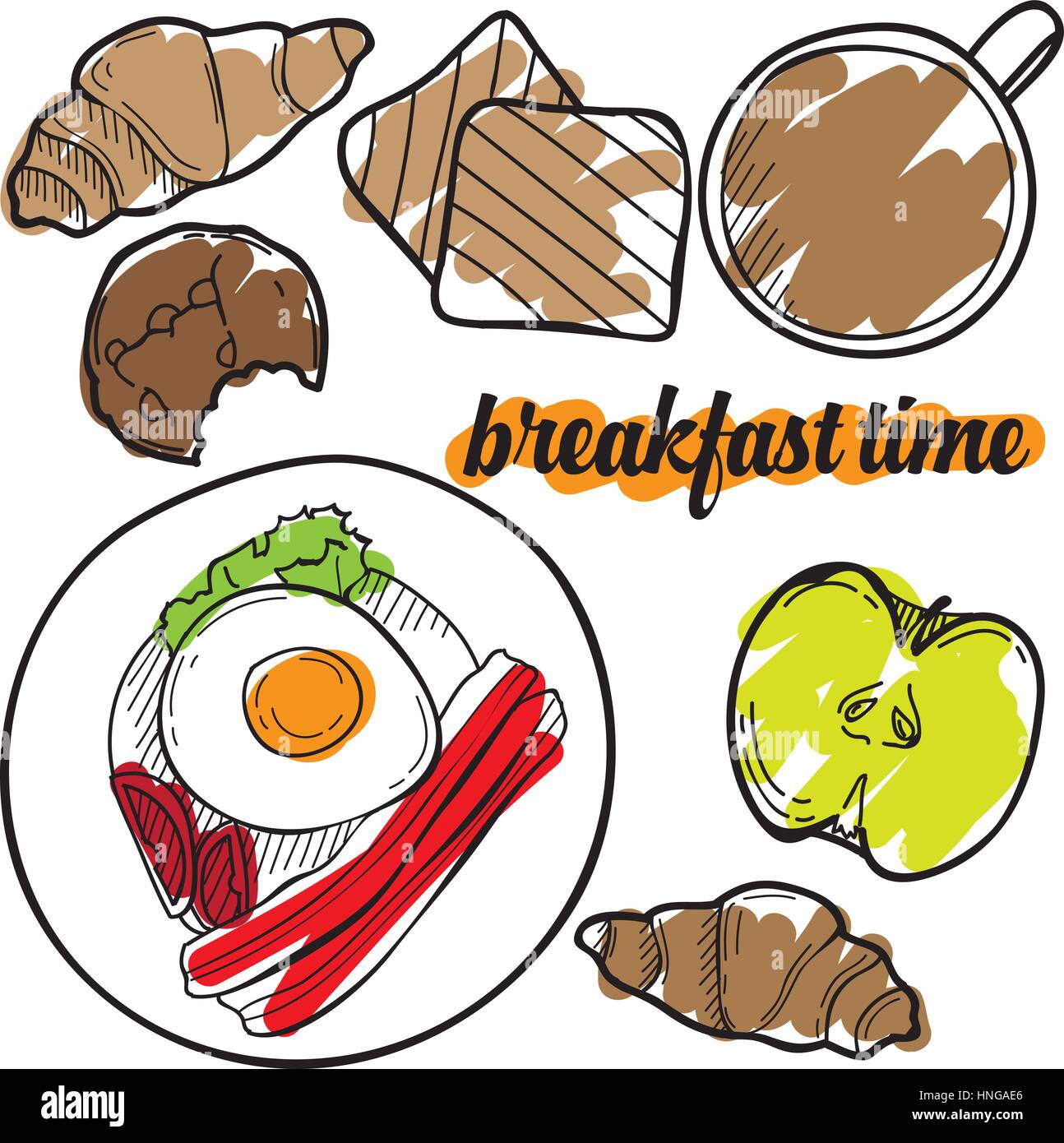 Breakfast Time Vector Sketch Set Hand Drawn Design Elements Breakfast Time Vector Sketch Set Hand Drawn Design Elements