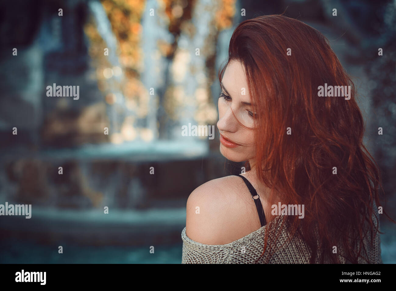 Autumn colors fashion portrait. Red hair woman Stock Photo