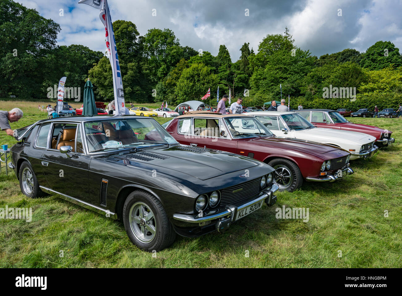 Three Interceptors and a Rover P6 on the Jensen Owners Club stand at the Bodelwyddan Classic Car Show Stock Photo