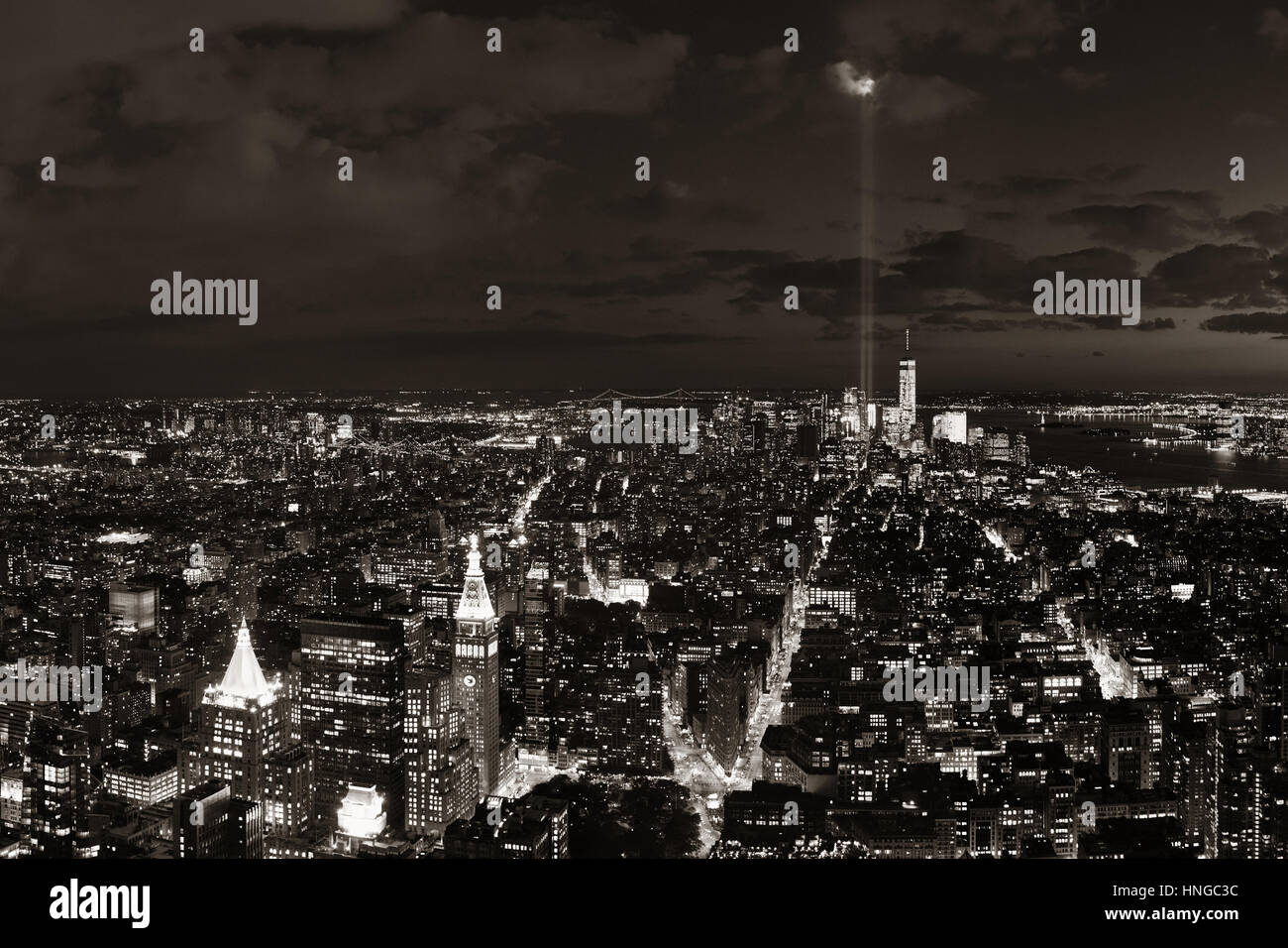 New York City downtown skyline night view and 911 tribute light Stock ...