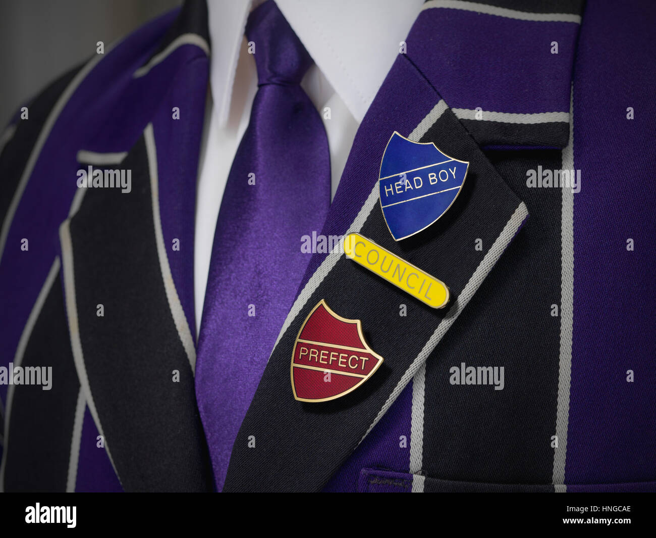 School boys blazer with three school badges Stock Photo