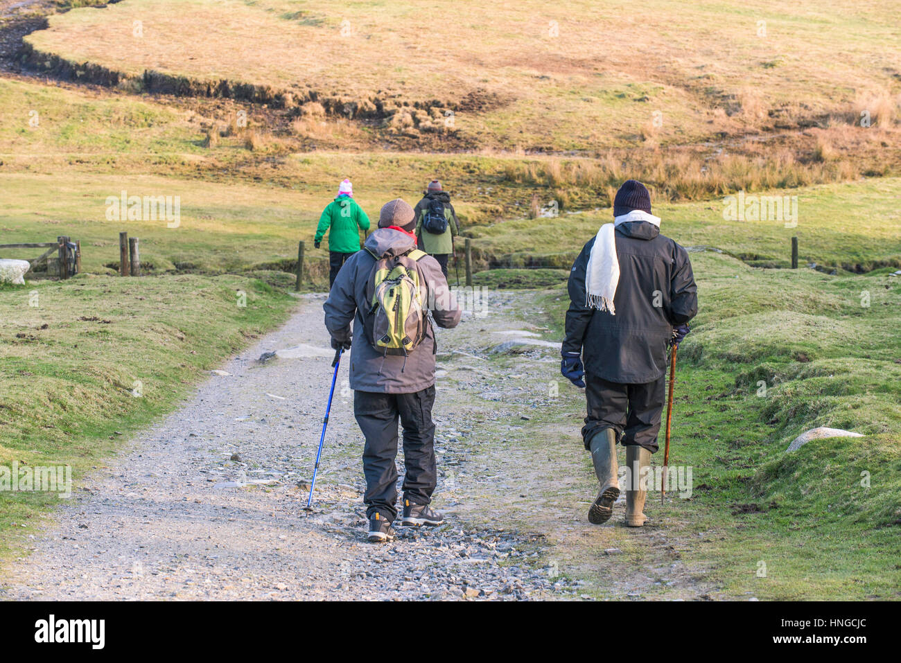 A group of walkers on Rough Tor, designated as an area of Outstanding Natural Beauty on Bodmin Moor in Cornwall. Stock Photo