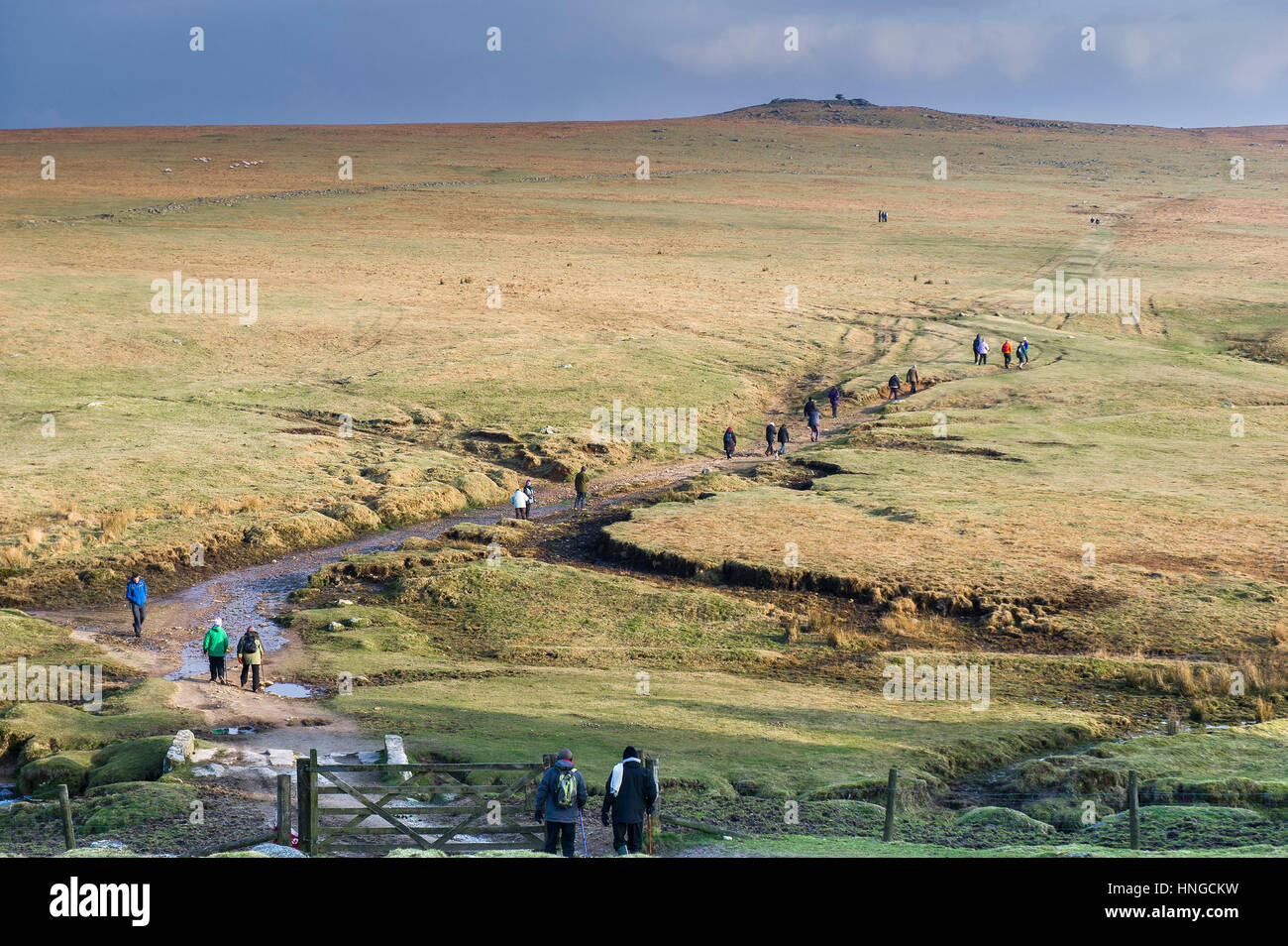 A group of walkers on Rough Tor, designated as an area of Outstanding Natural Beauty on Bodmin Moor in Cornwall. Stock Photo