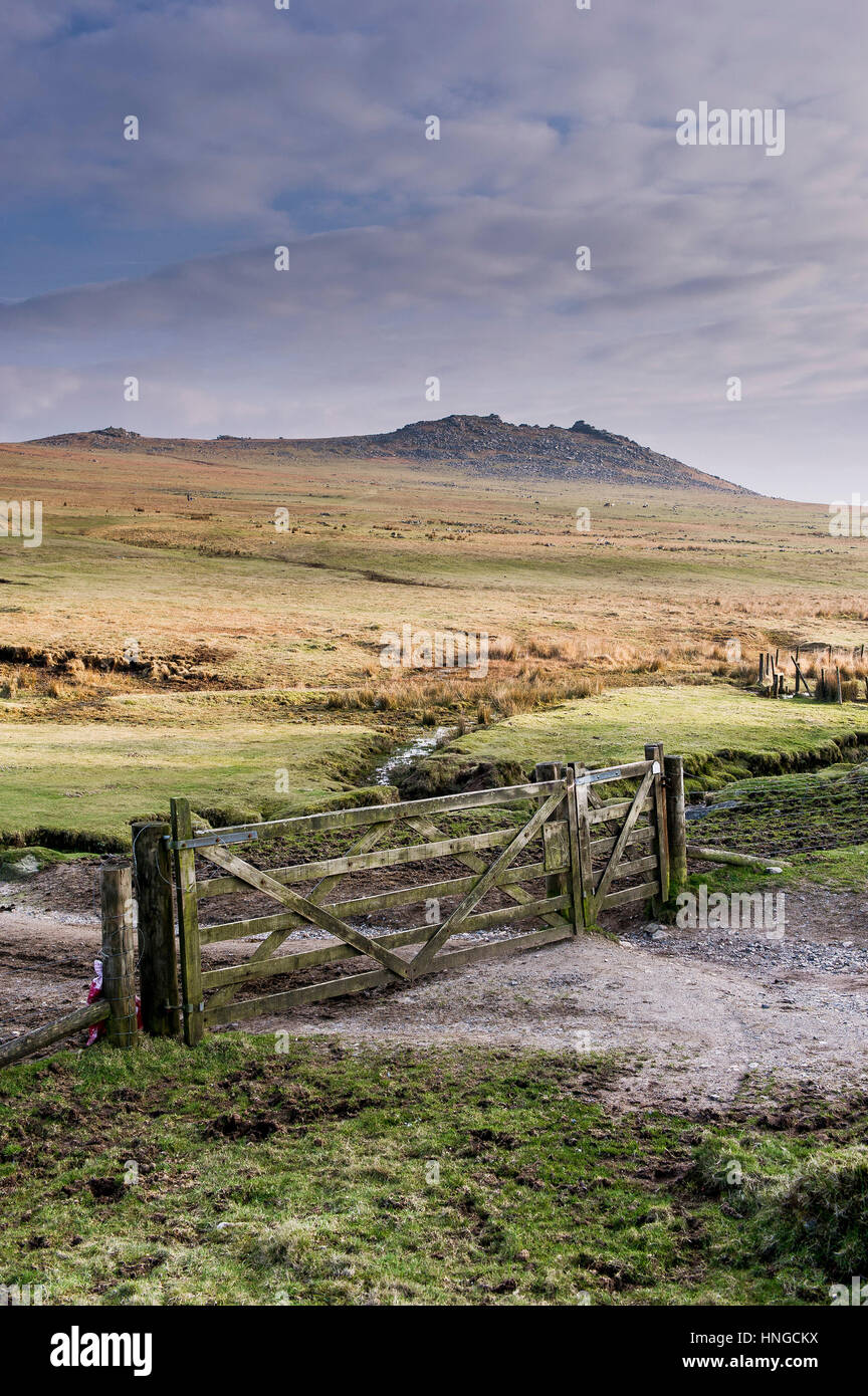 A wooden gate in a fence on Rough Tor, designated as an area of Outstanding Natural Beauty on Bodmin Moor in Cornwall. Stock Photo