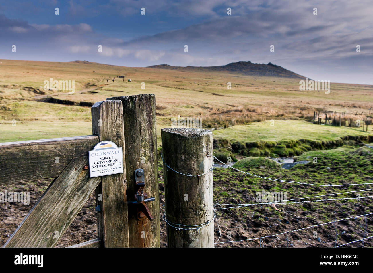 A gate at Rough Tor, an area of outstanding national beauty. Cornwall. Stock Photo