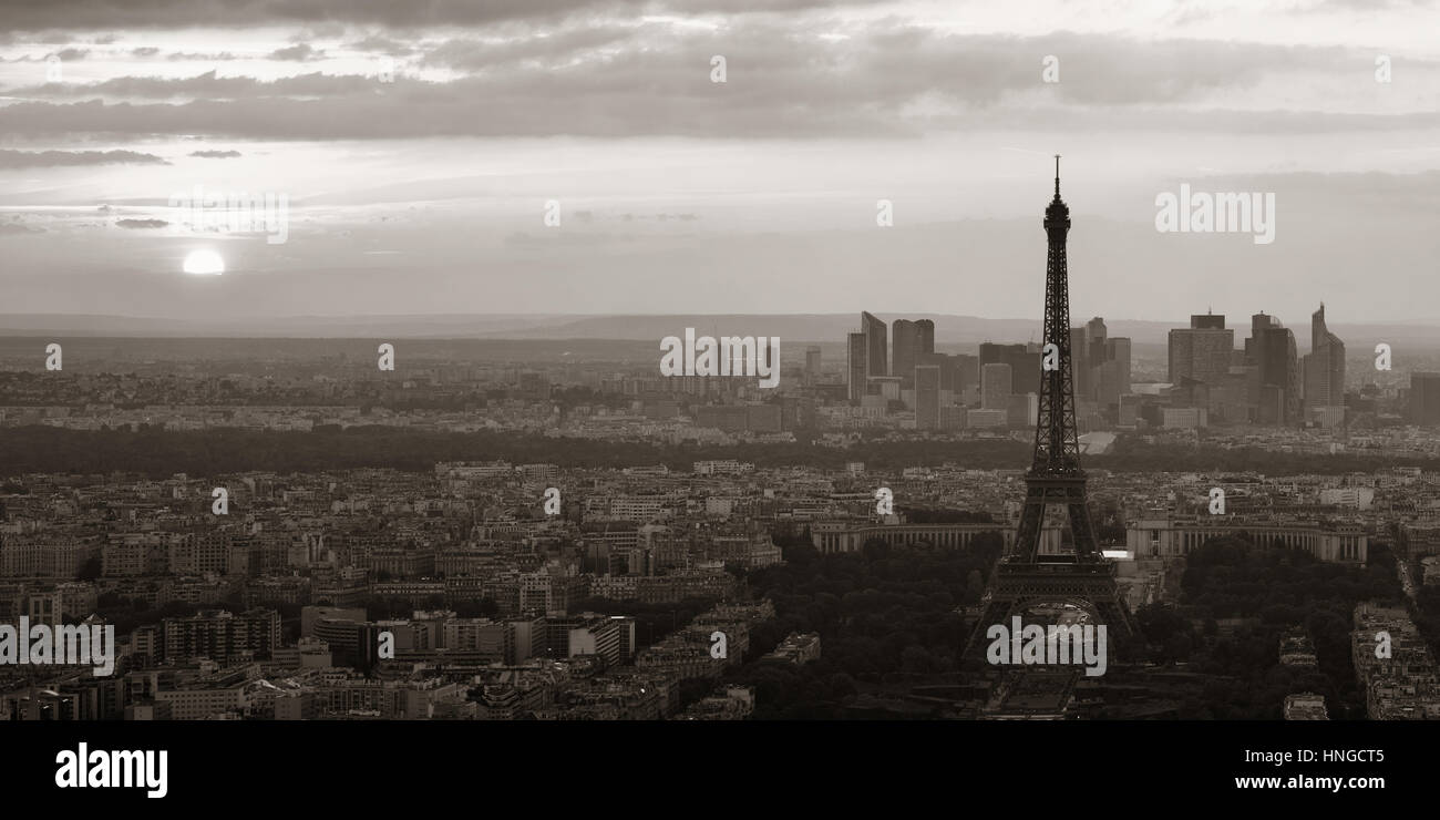 Paris city rooftop view with Eiffel Tower black and white. Stock Photo