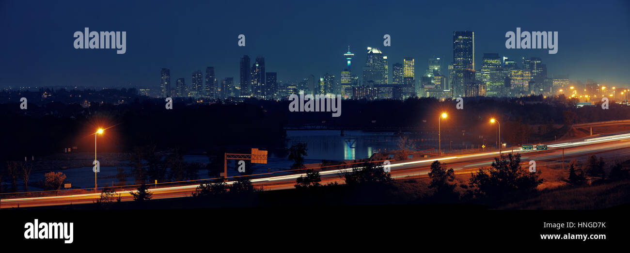 Calgary cityscape and highway in Alberta at night, Canada. Stock Photo