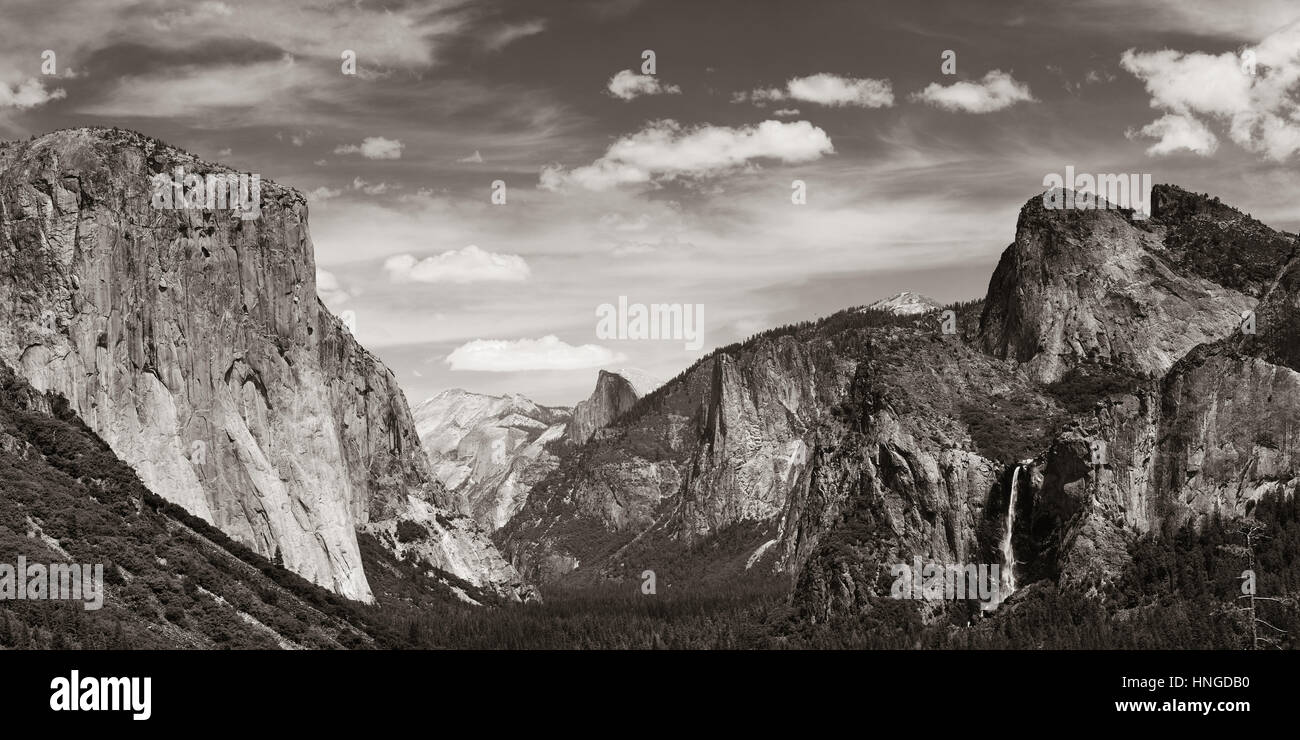 Yosemite Valley with mountains and waterfalls in black and white Stock