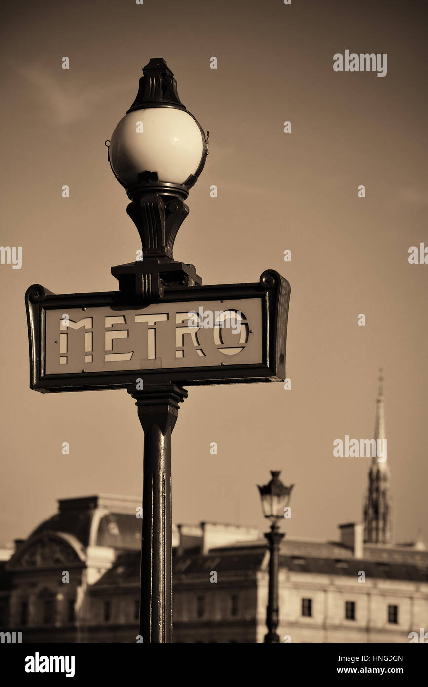 Vintage metro sign in Paris street. Stock Photo