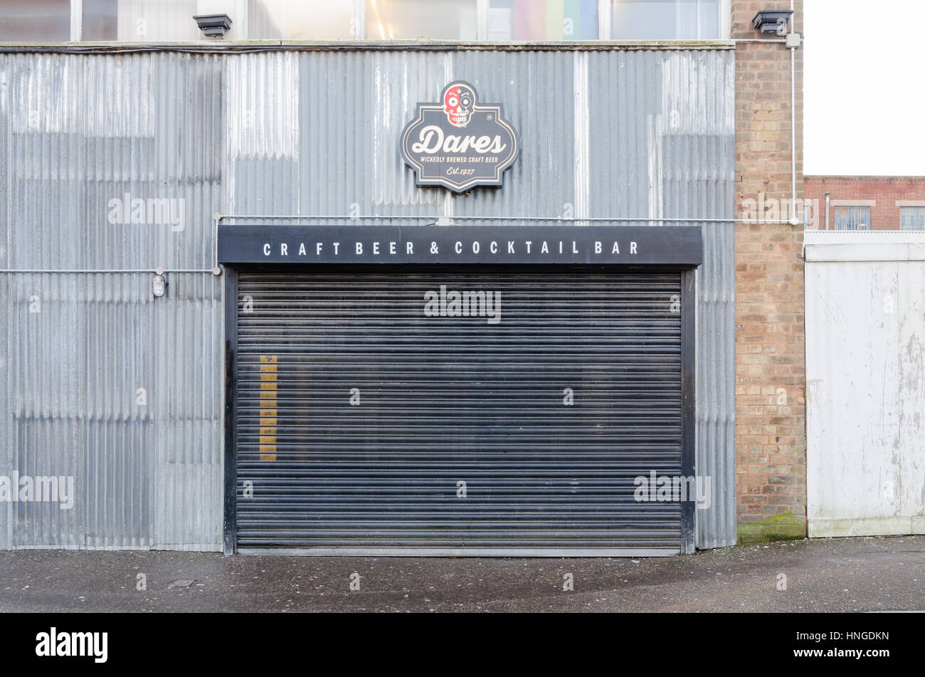 Dare's Bar in Lower Essex Street, Birmingham which is in an old industrial unit clad in corrugated iron Stock Photo