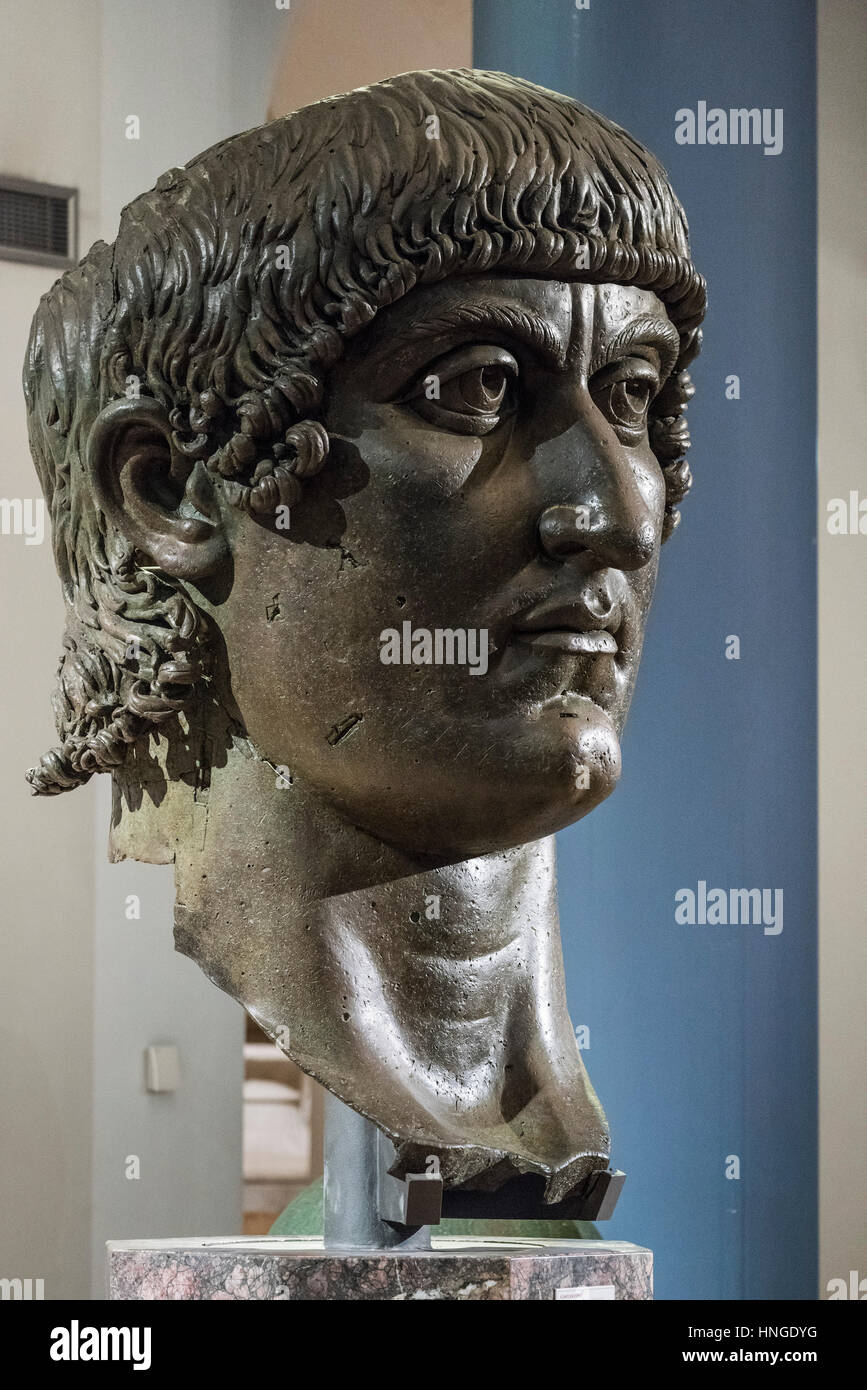 Rome. Italy. Colossal bronze head of Roman Emperor Constantine I, The Great (ca. 272-74-337 AD), 4th C AD, Capitoline Museums. Musei Capitolini, Palaz Stock Photo