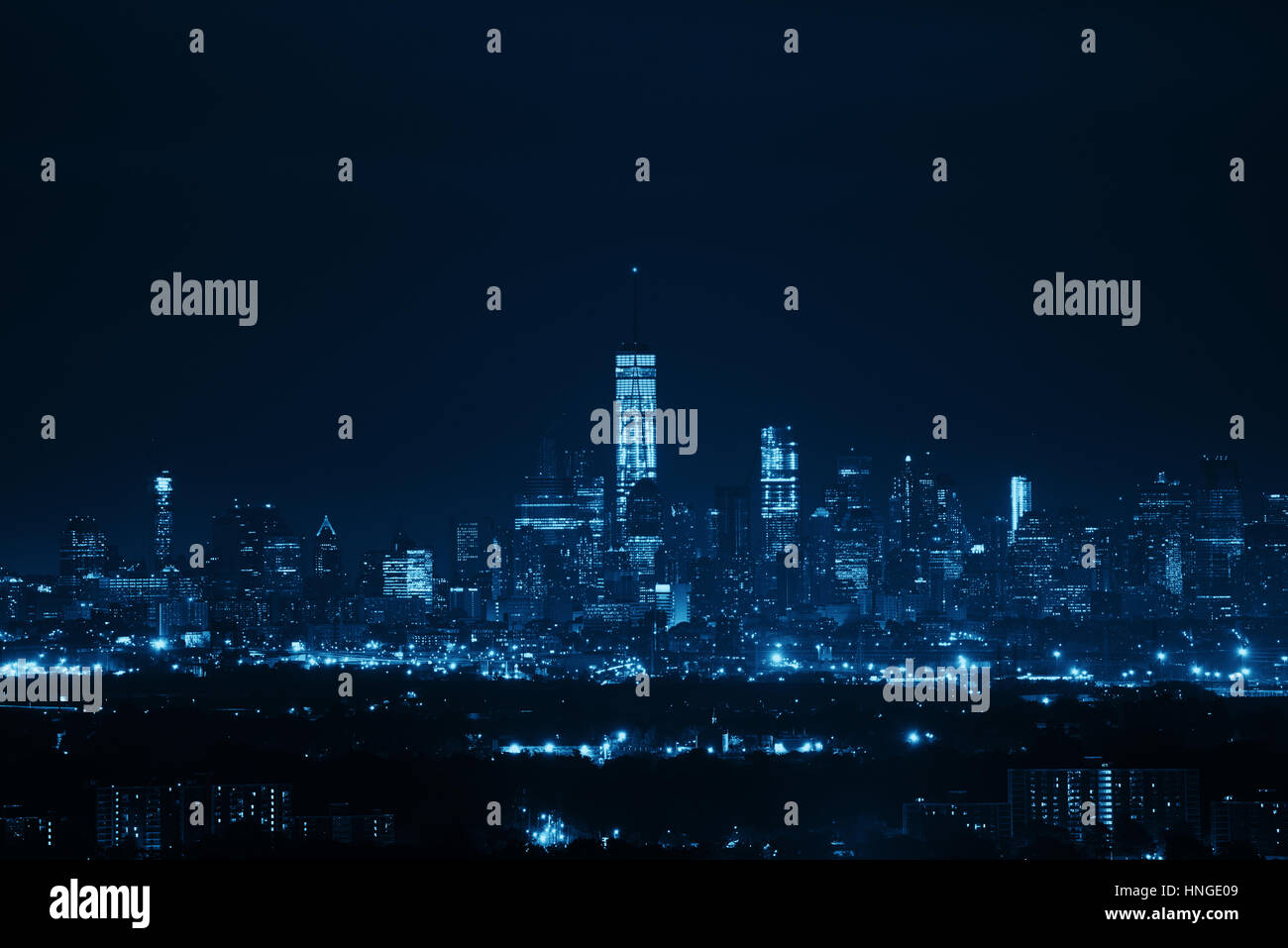 New York City downtown skyline at night Stock Photo - Alamy