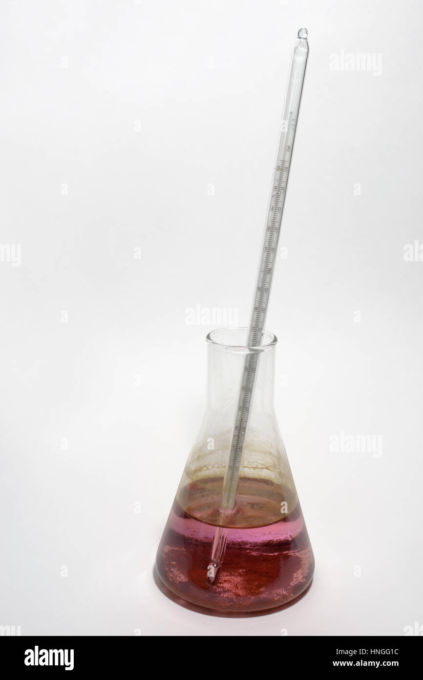 Erlenmeyer flask and accurate thermometer, lowered into potassium permanganate solution Stock