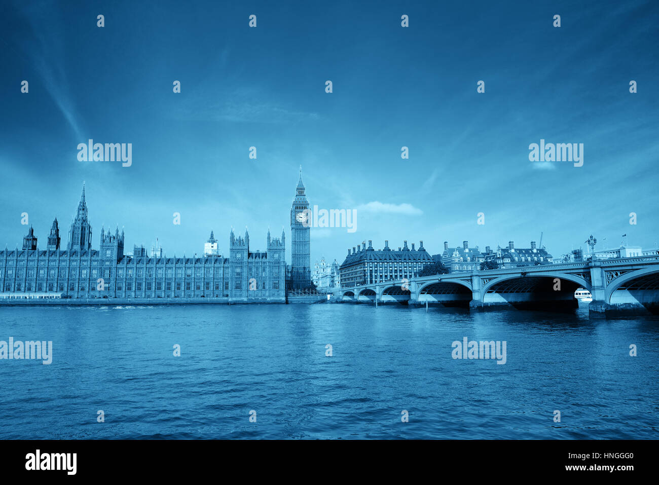 Big Ben and House of Parliament in London panorama over Thames River. Stock Photo