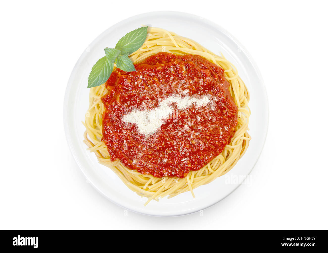 Freshly cooked dish of tasty pasta with tomato sauce and parmesan cheese in the shape of American Samoa .(series) Stock Photo