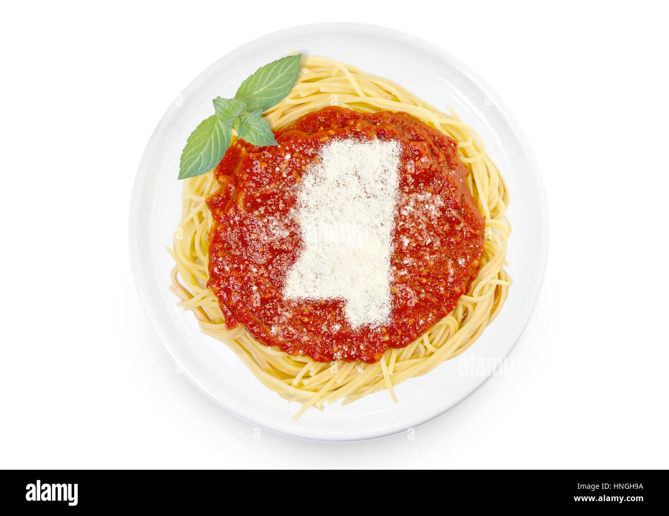Freshly cooked dish of tasty pasta with tomato sauce and parmesan cheese in the shape of Mississippi .(series) Stock Photo