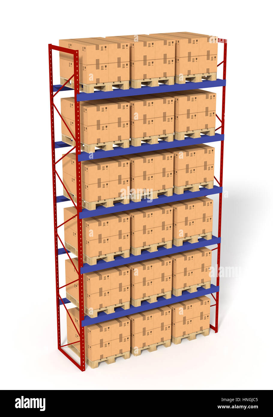 Warehouse shelves rack filled with brown boxes. Isolated on white background. Retail, logistics, delivery and storage concept. Generic containers rack Stock Photo