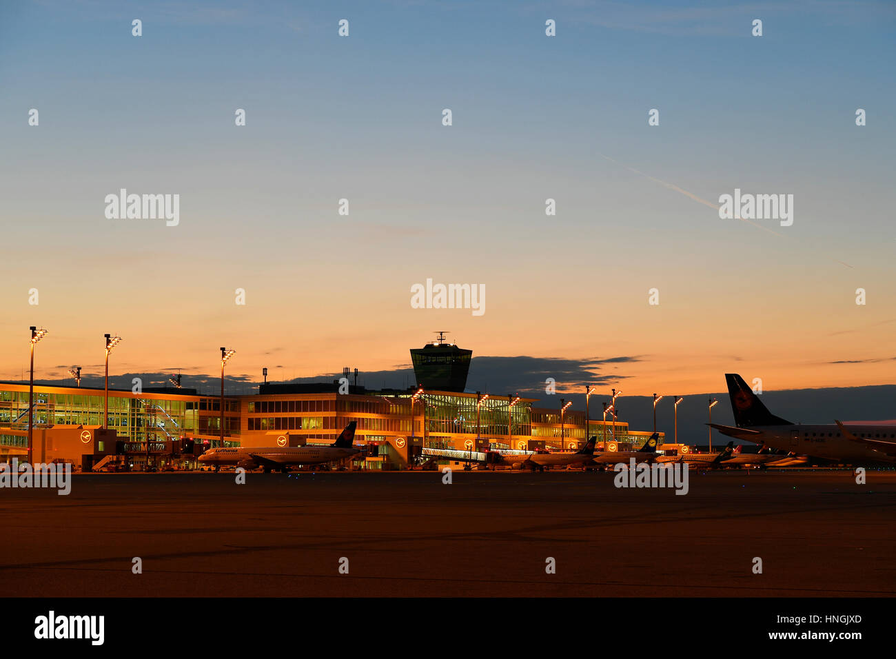 Satellite, SAT, Terminal 2, T2, Sunset, Sky, Light, twilight, Blue Hour, building, PTS, tower, MUC, EDDM, Airport Munich, Erding, Freising, Munich Stock Photo
